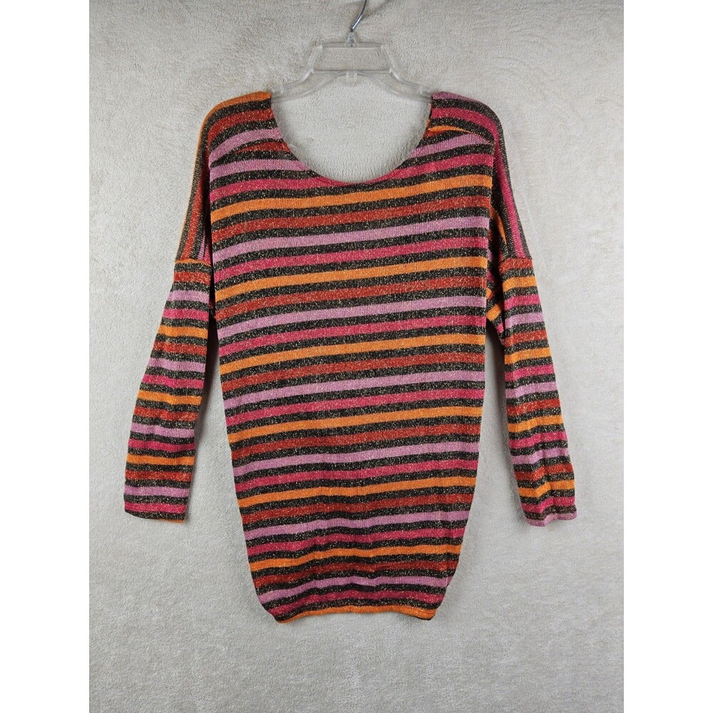 Fantastic Fawn Women's Long Sleeve Striped Gold Metallic Open Back Sweater Size